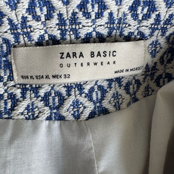 ZARA Basic BlueWhite Tweed Open Front Jacket Women’s XL Tribal Woven Fringe Coat - Picture 9 of 10